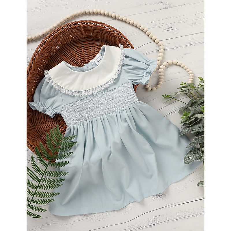 CJ Toddler Girls' Smocked Dress Cute Puff Short Sleeves Lace Crew Neck, Adorable Princess Party Dress