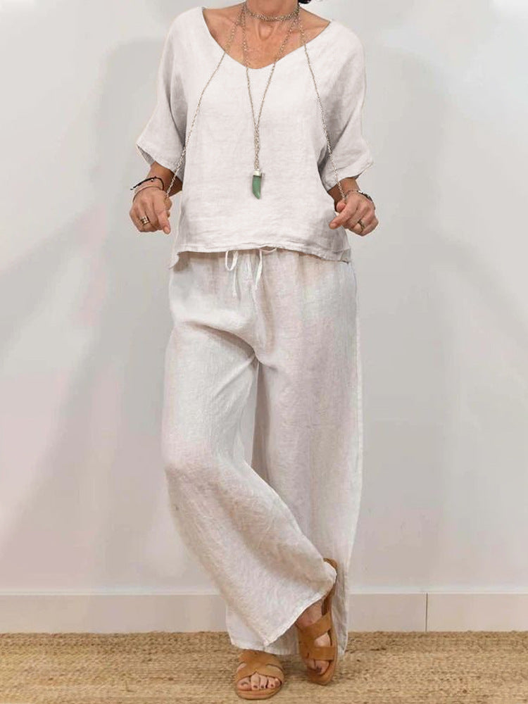 CJ  Womens Multi-Color Two-Piece Set Casual V-Neck Pullover With Three-Quarter Sleeves And Extended Pants