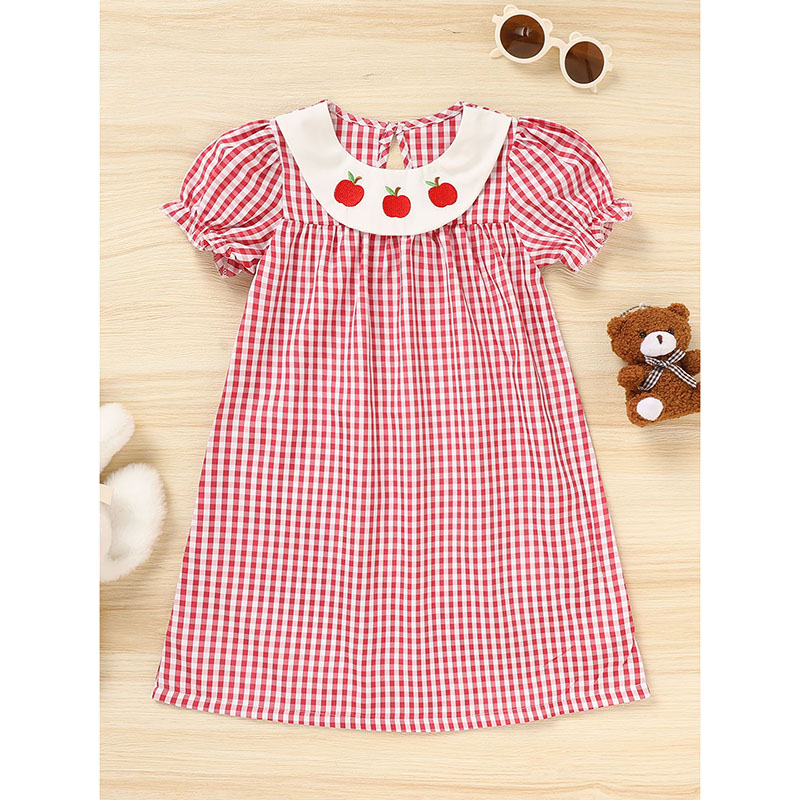 CJ Toddler Kids Girls Back To School Dress Smocked Collar Puff Sleeve Plaid Embroidered Print Dress