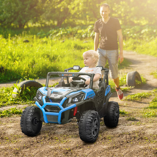 2 Seater 24V Kids Electric Car w/ Remote Control, 3 Speed, LED Lights, Music, Horn, Spring Suspension, Slow Start, Blue