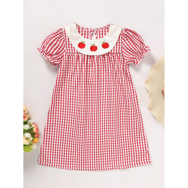 CJ Toddler Kids Girls Back To School Dress Smocked Collar Puff Sleeve Plaid Embroidered Print Dress