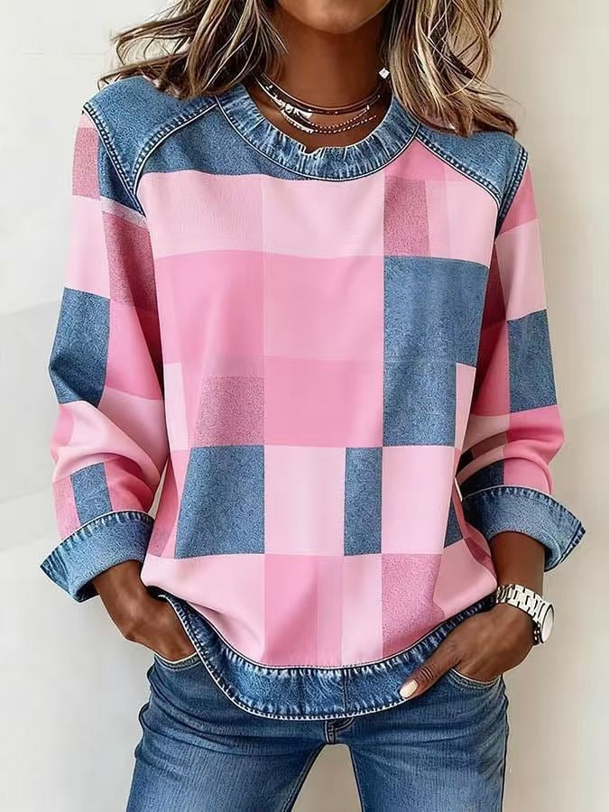 CJ Denim Patchwork Sweatshirt Fashion Unique Crewneck Pullover Long-sleeved Shirt Top Women's Clothing