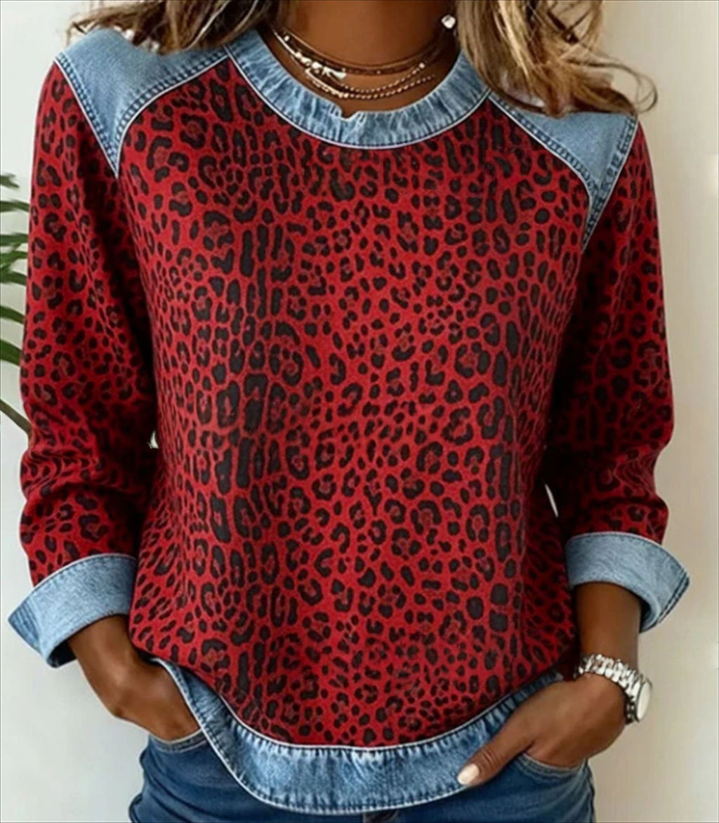 CJ Denim Patchwork Sweatshirt Fashion Unique Crewneck Pullover Long-sleeved Shirt Top Women's Clothing