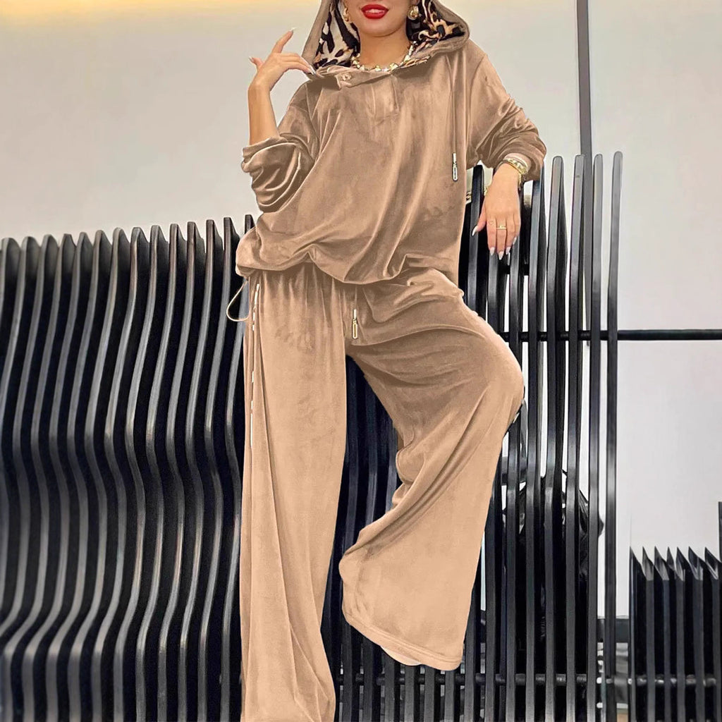 CJ Loose Casual Two-piece Suit Leopard Print Hoodie And Pants Suit For Women