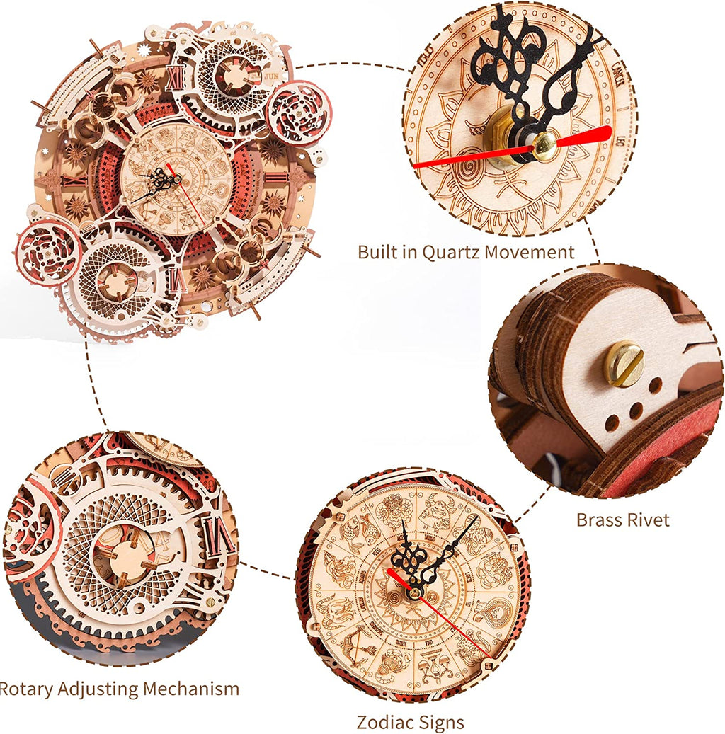 CJ Robotime ROKR Time Art Zodiac Wall Clock 3D Wooden Puzzle Games Model Building Kits Toys For Children Kids