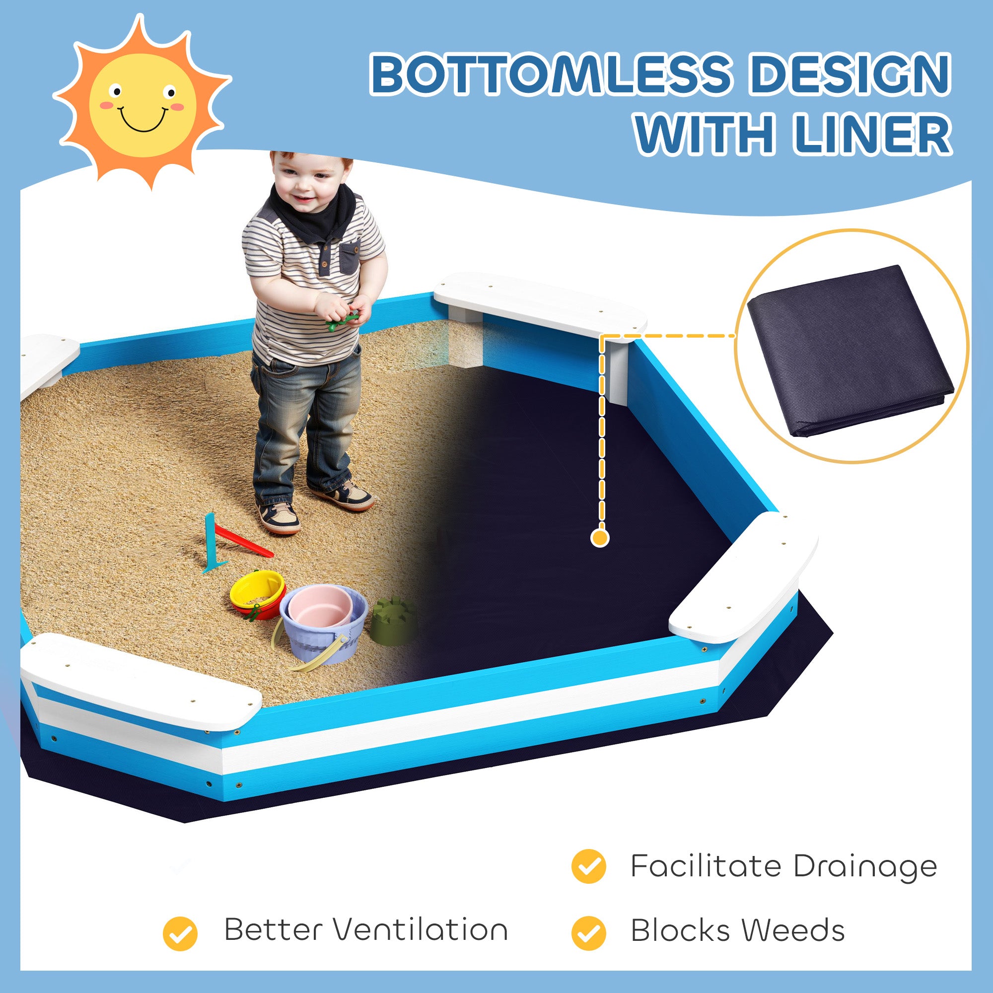 Kids Sandbox with 4 Corner Seats, Bottom Liner for Backyard, Garden, Outdoor, 52" x 52" x 6", Blue