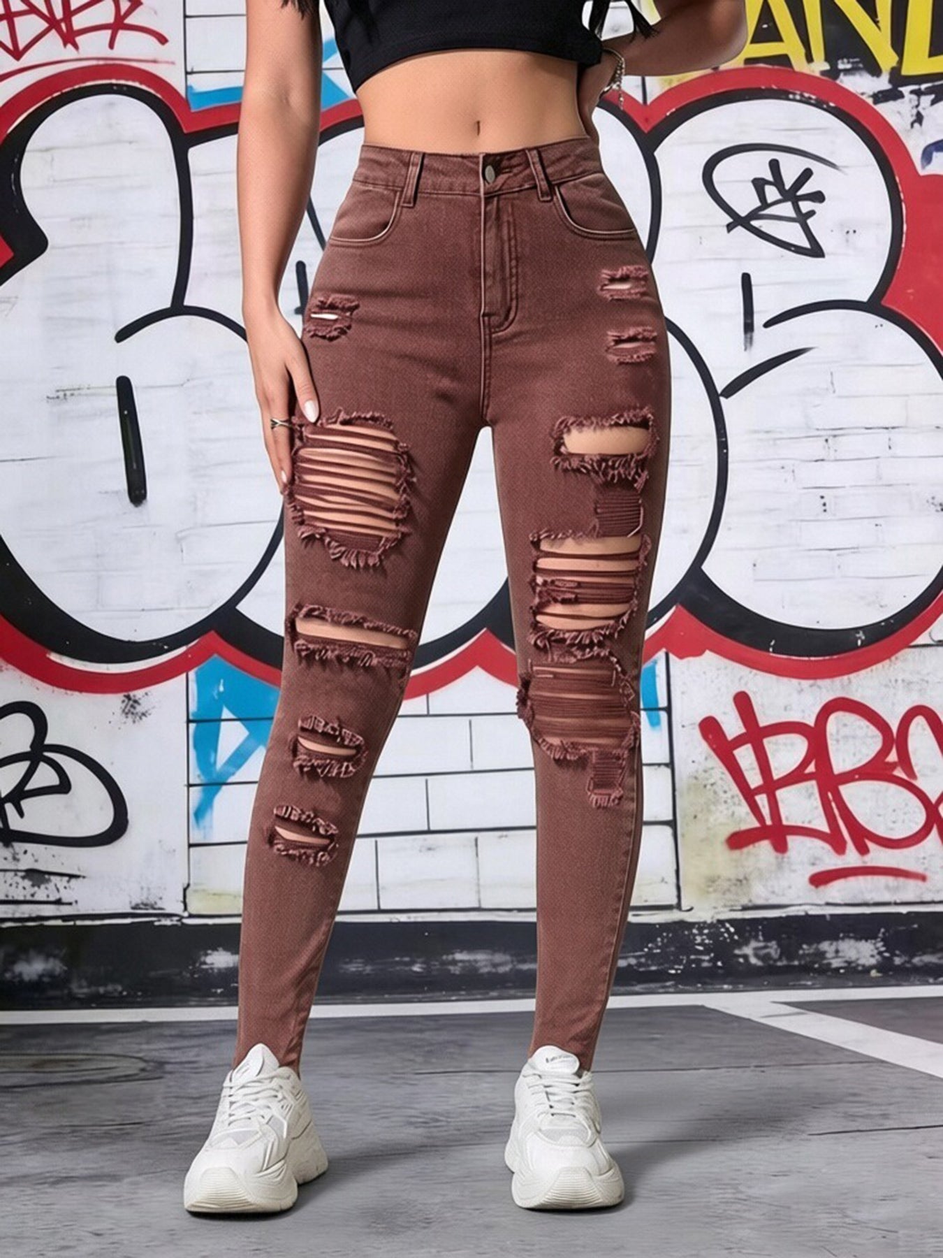 Women's High Waist Brown Ripped Skinny Jeans, Stretchy Distressed Denim Pants