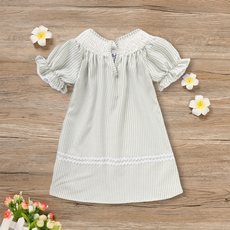 CJ Toddler Girl's Cute Dress, Bunny & Floral Embroidery Checkered A-Line Dress With Lace Trim