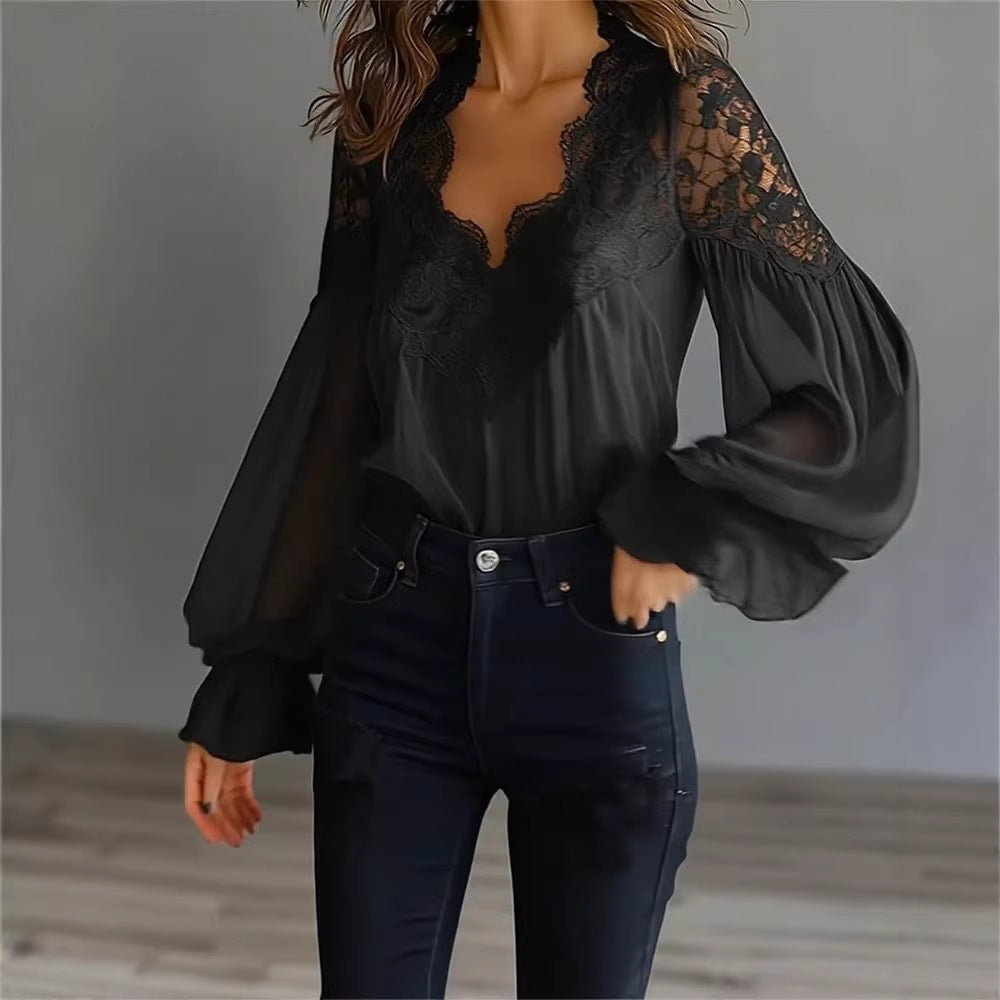 CJ Ins Puff-sleeved Blouse Fashion Elegant Ruffle Pleated Long-sleeved Top Womens Clothing