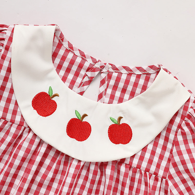 CJ Toddler Kids Girls Back To School Dress Smocked Collar Puff Sleeve Plaid Embroidered Print Dress