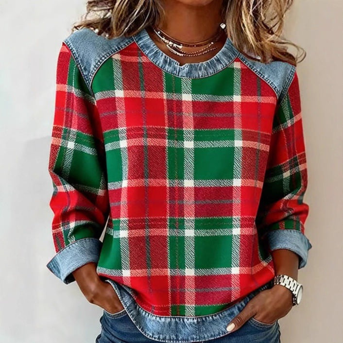 CJ Denim Patchwork Sweatshirt Fashion Unique Crewneck Pullover Long-sleeved Shirt Top Women's Clothing