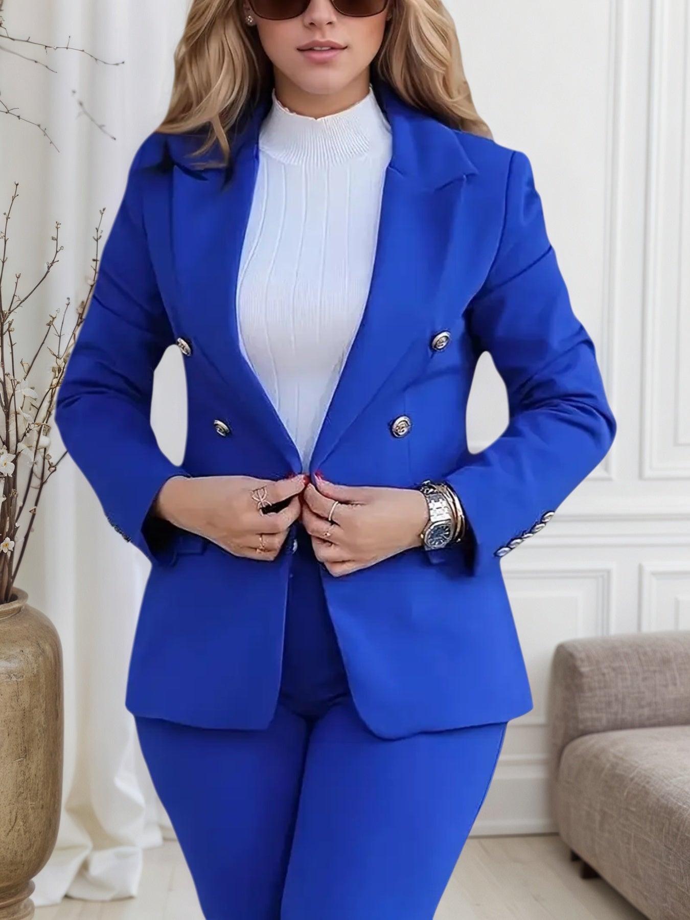 CJ New High-quality Women’s Clothing Solid Color Slim Fit Casual Fashion Waist Double Breasted Two-piece Set, Machine Washed, Spring And Autumn Fashion Casual Set