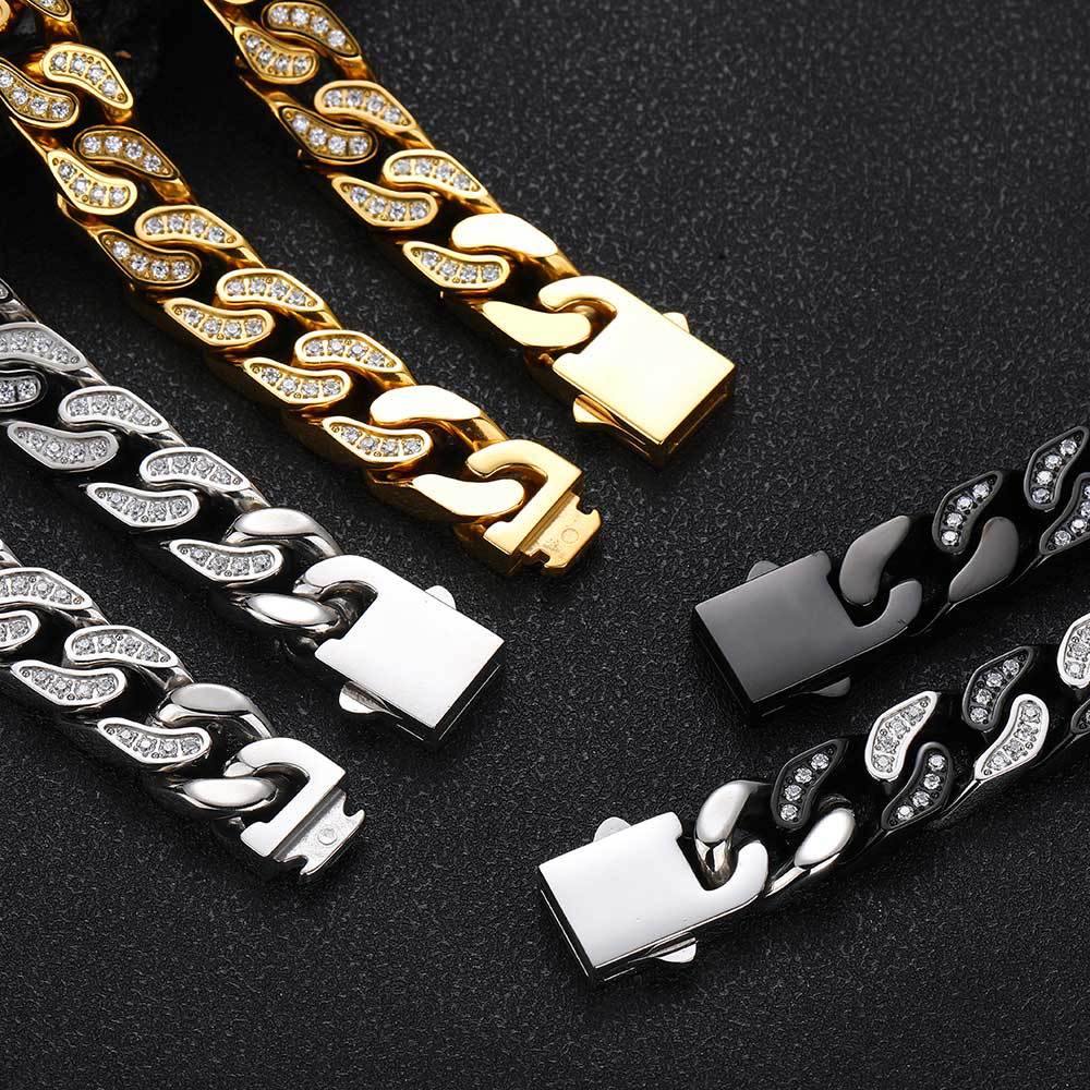 CJ Full-Zircon Cuban Chain Titanium Steel Mens Bracelet
