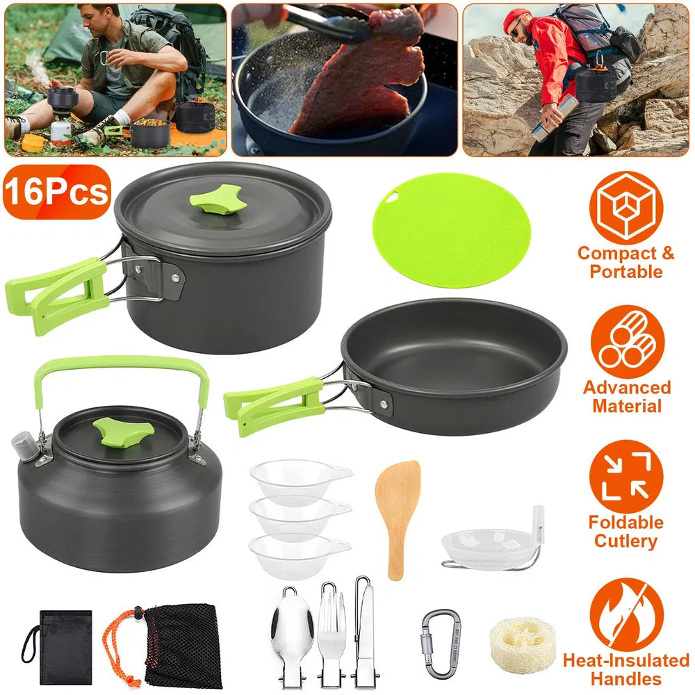 CJ Set Of 16Pcs Camping Cooking Ware Camping Stove Cookware Kit Aluminum Kettle With Bowls Knife Fork Spoon Carabiner Spatula Cutting Board For Hiking Picnic Outdoor