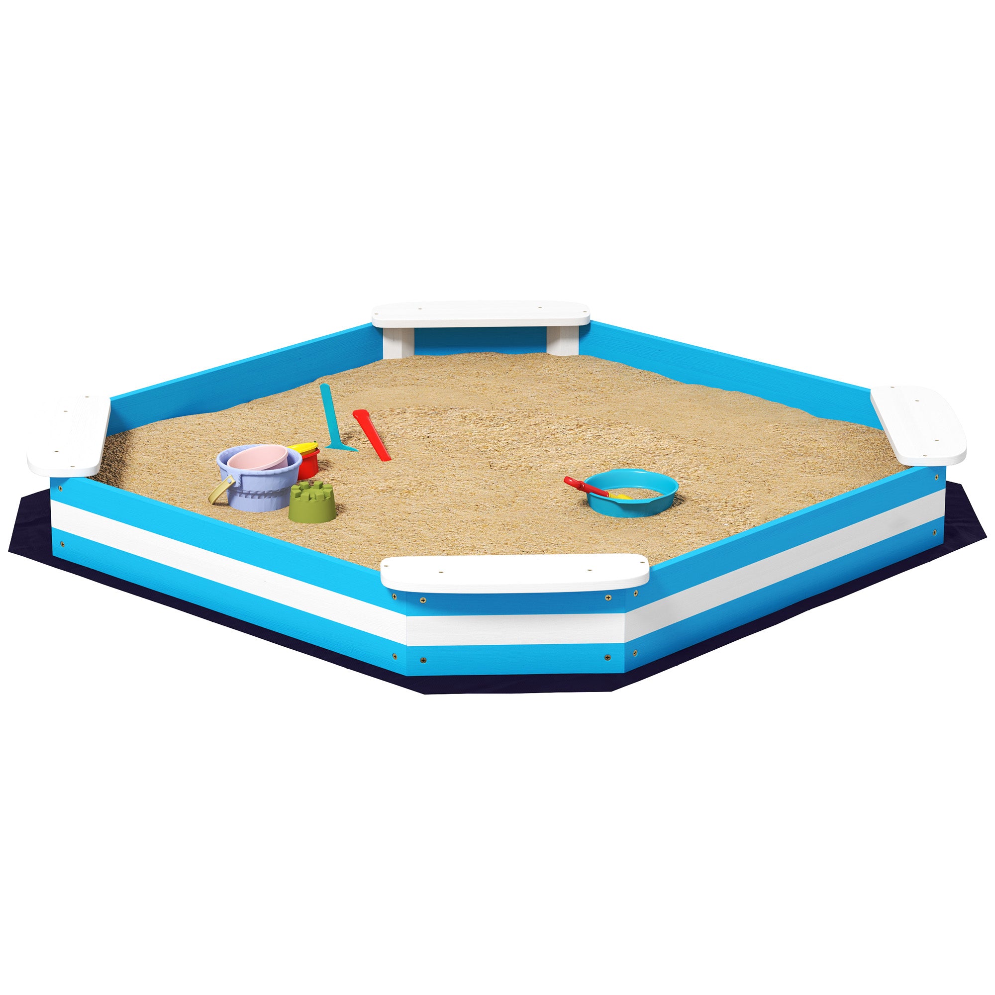 Kids Sandbox with 4 Corner Seats, Bottom Liner for Backyard, Garden, Outdoor, 52" x 52" x 6", Blue