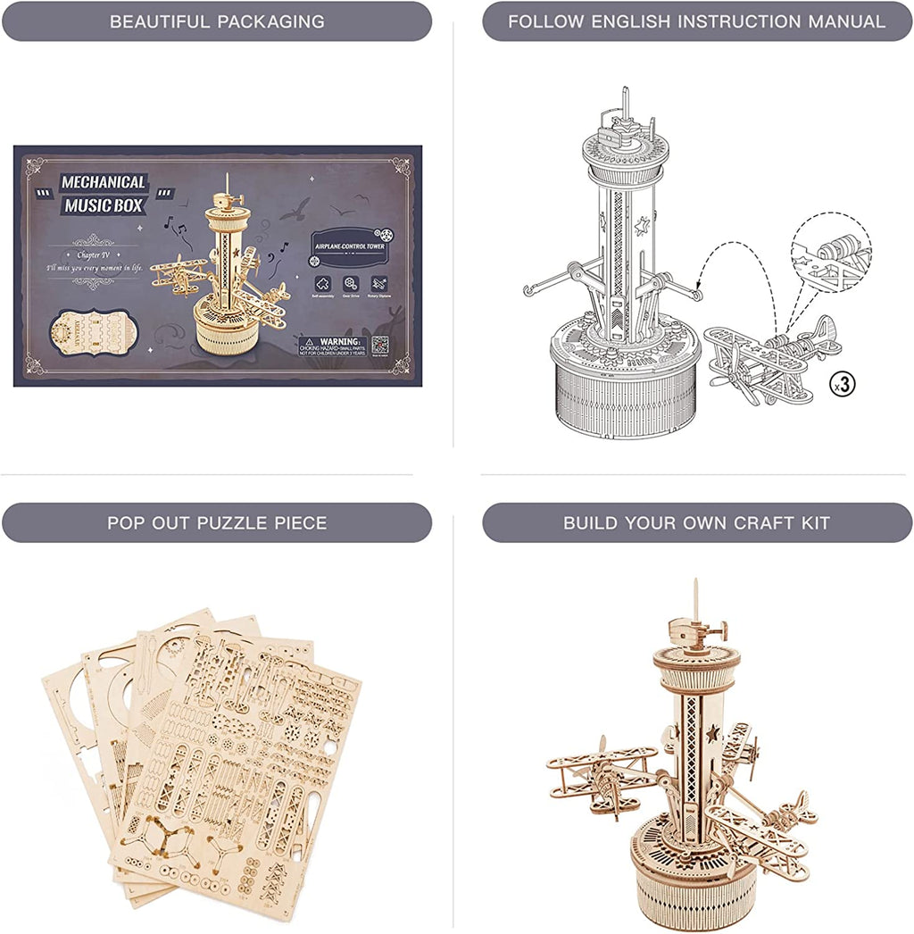 CJ Robotime Rokr 3D Wooden Puzzles For Adults DIY Musical Box Model Kit To Build Self-Assembly Building Kit Airplane- Control Tower