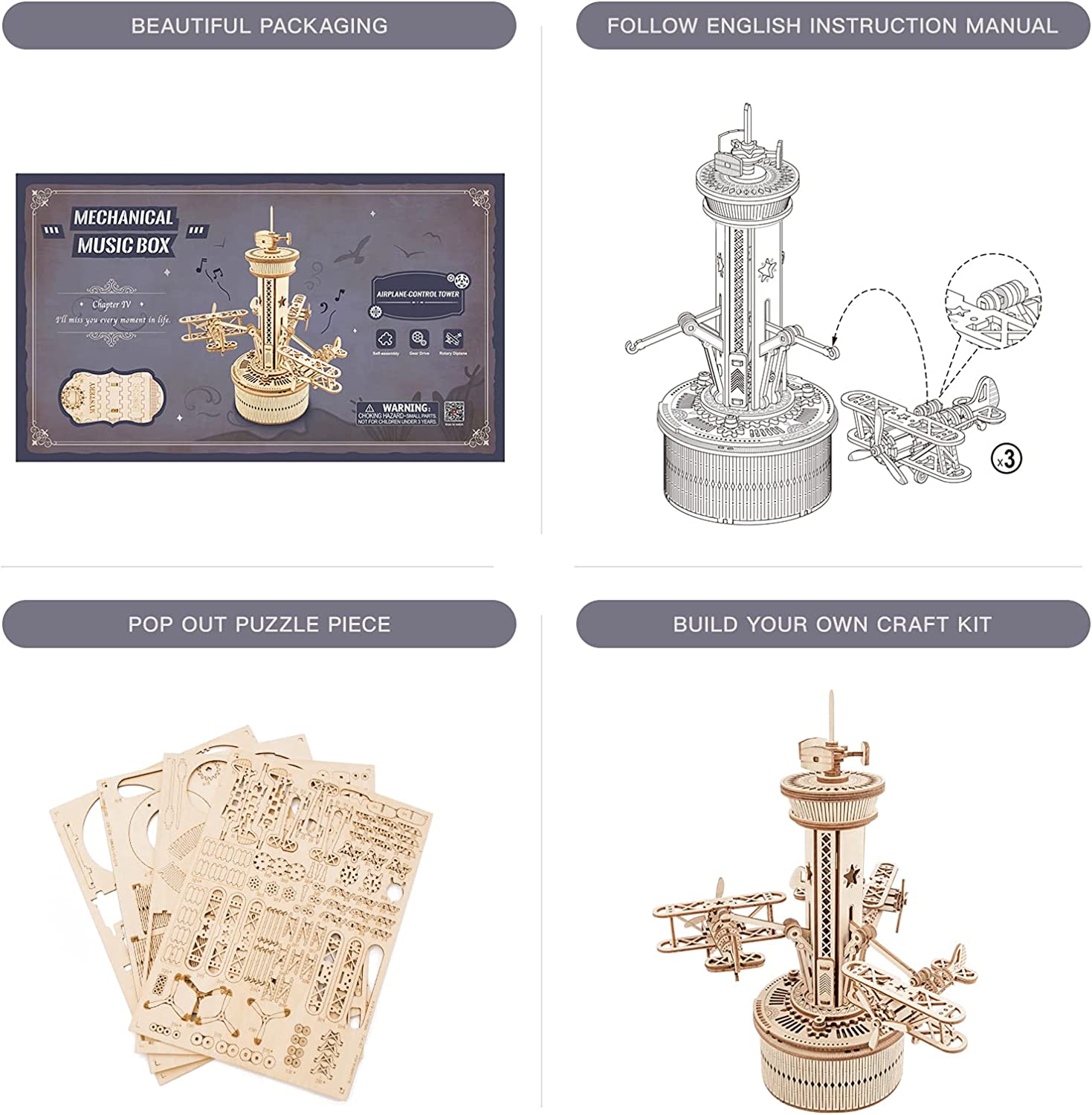 CJ Robotime Rokr 3D Wooden Puzzles For Adults DIY Musical Box Model Kit To Build Self-Assembly Building Kit Airplane- Control Tower