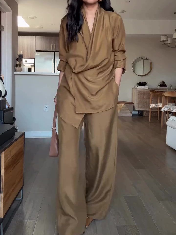 CJ Wrap-style Satin Blouse And Wide-leg Pants Set