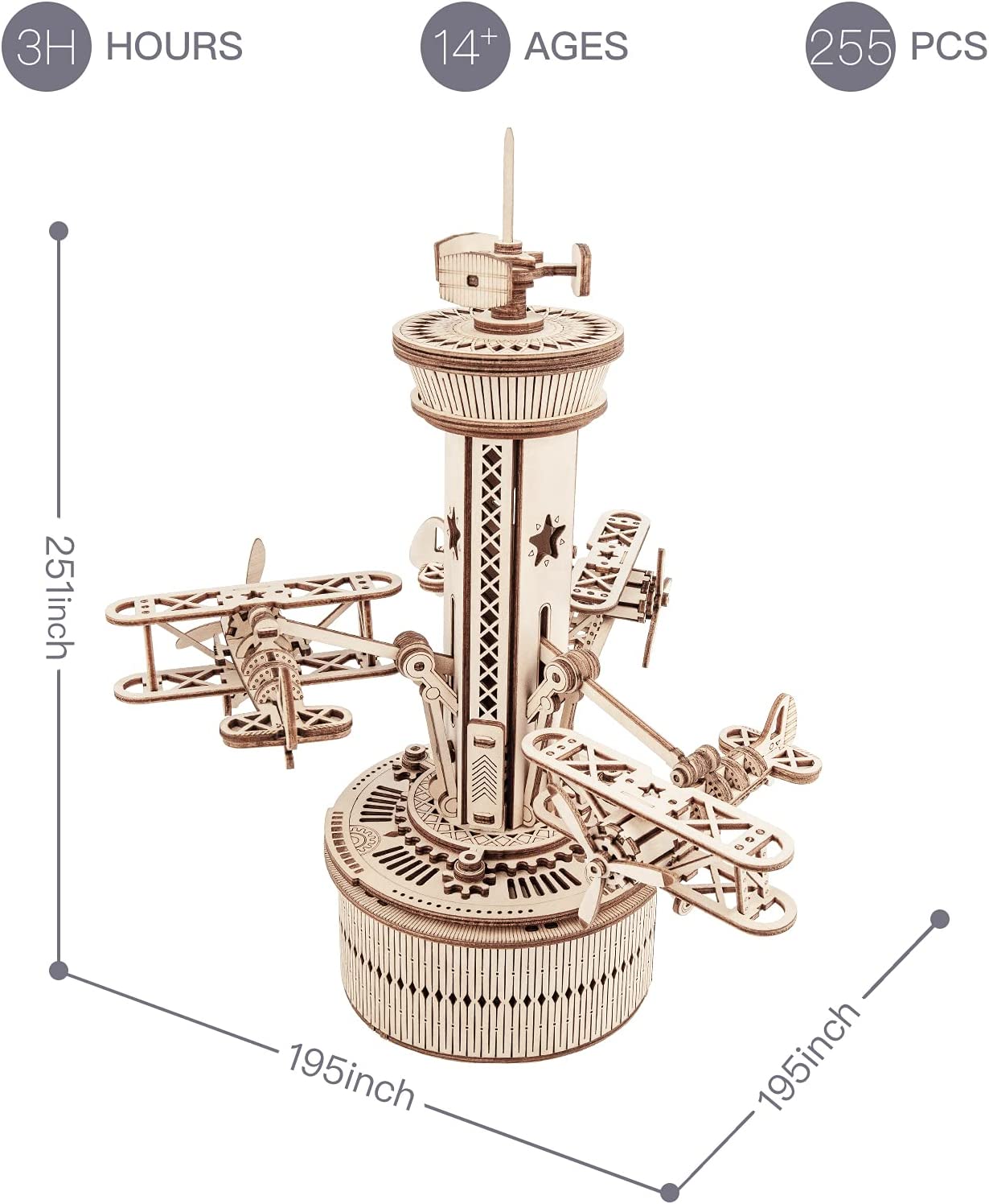 CJ Robotime Rokr 3D Wooden Puzzles For Adults DIY Musical Box Model Kit To Build Self-Assembly Building Kit Airplane- Control Tower