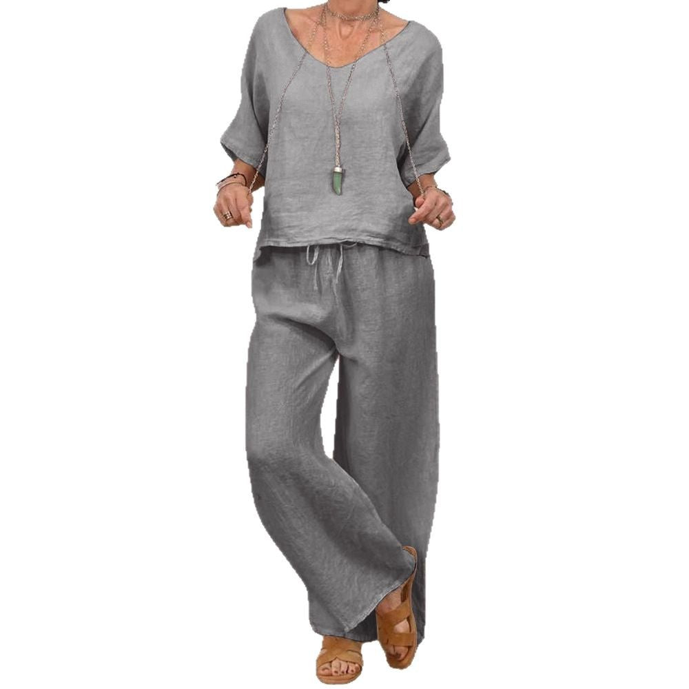 CJ  Womens Multi-Color Two-Piece Set Casual V-Neck Pullover With Three-Quarter Sleeves And Extended Pants