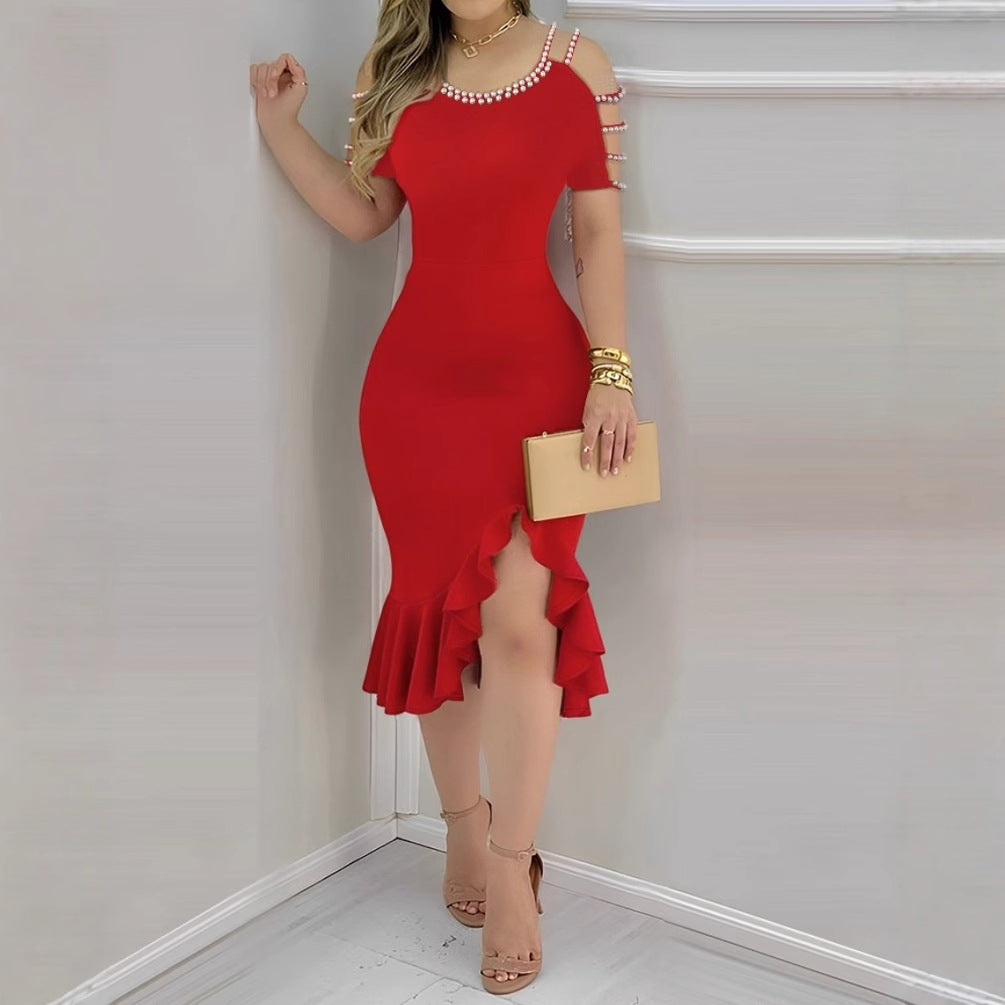 CJ  Womens Ruffled-Edge Slit Dress With Pearl Embellishments
