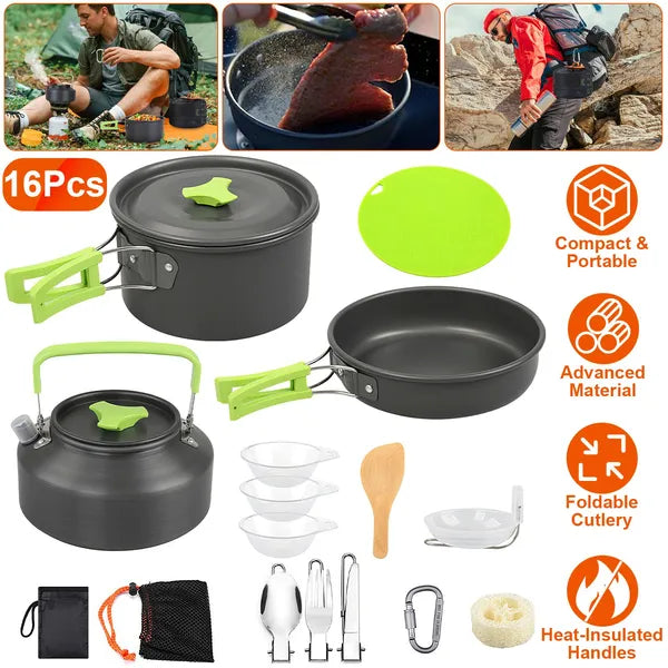 CJ Set Of 16Pcs Camping Cooking Ware Camping Stove Cookware Kit Aluminum Kettle With Bowls Knife Fork Spoon Carabiner Spatula Cutting Board For Hiking Picnic Outdoor