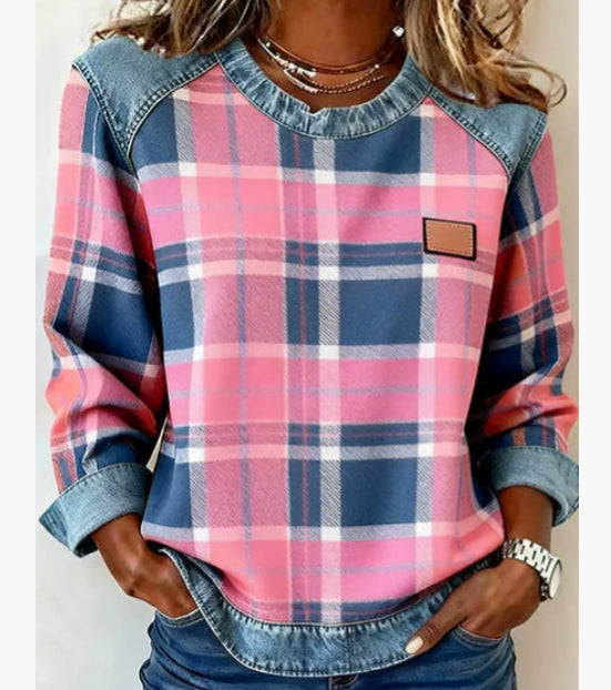 CJ Denim Patchwork Sweatshirt Fashion Unique Crewneck Pullover Long-sleeved Shirt Top Women's Clothing
