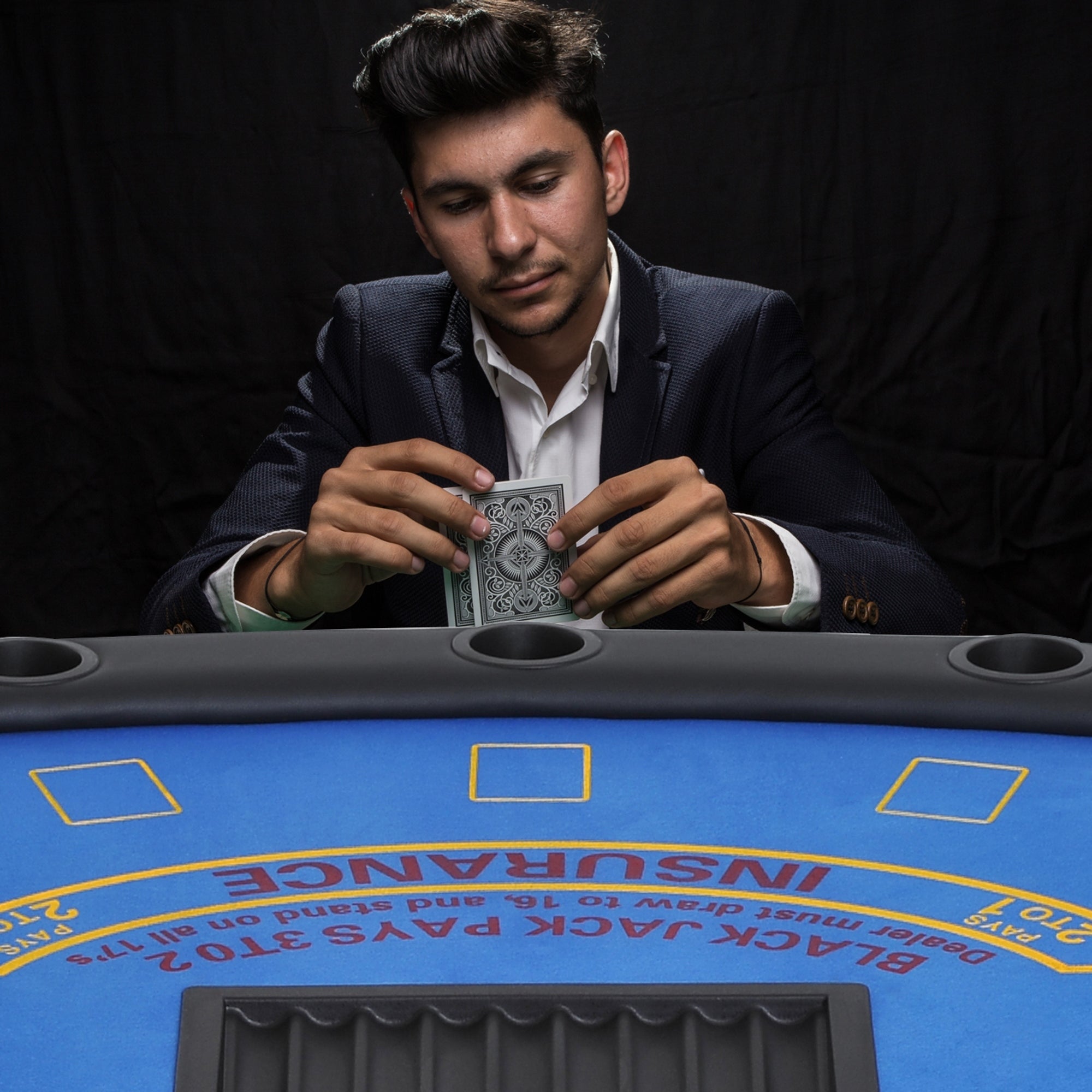 CJ Poker Table Foldable, 72" Blackjack Table for 7 Players with Chip & Cup Holder, Blue Felt
