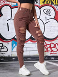 Women's High Waist Brown Ripped Skinny Jeans, Stretchy Distressed Denim Pants