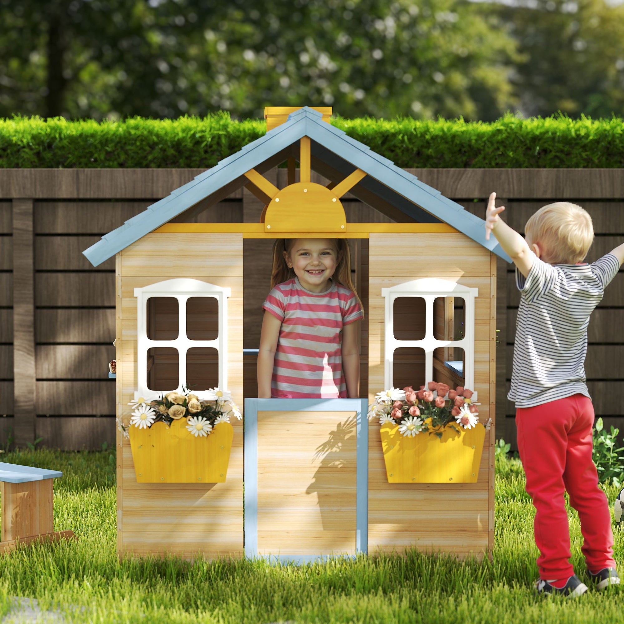 CJ Wooden Playhouse for Kids Outdoor Garden with Working Door, Windows, Bench, Service Station, Flowers Pot Holder, Blue