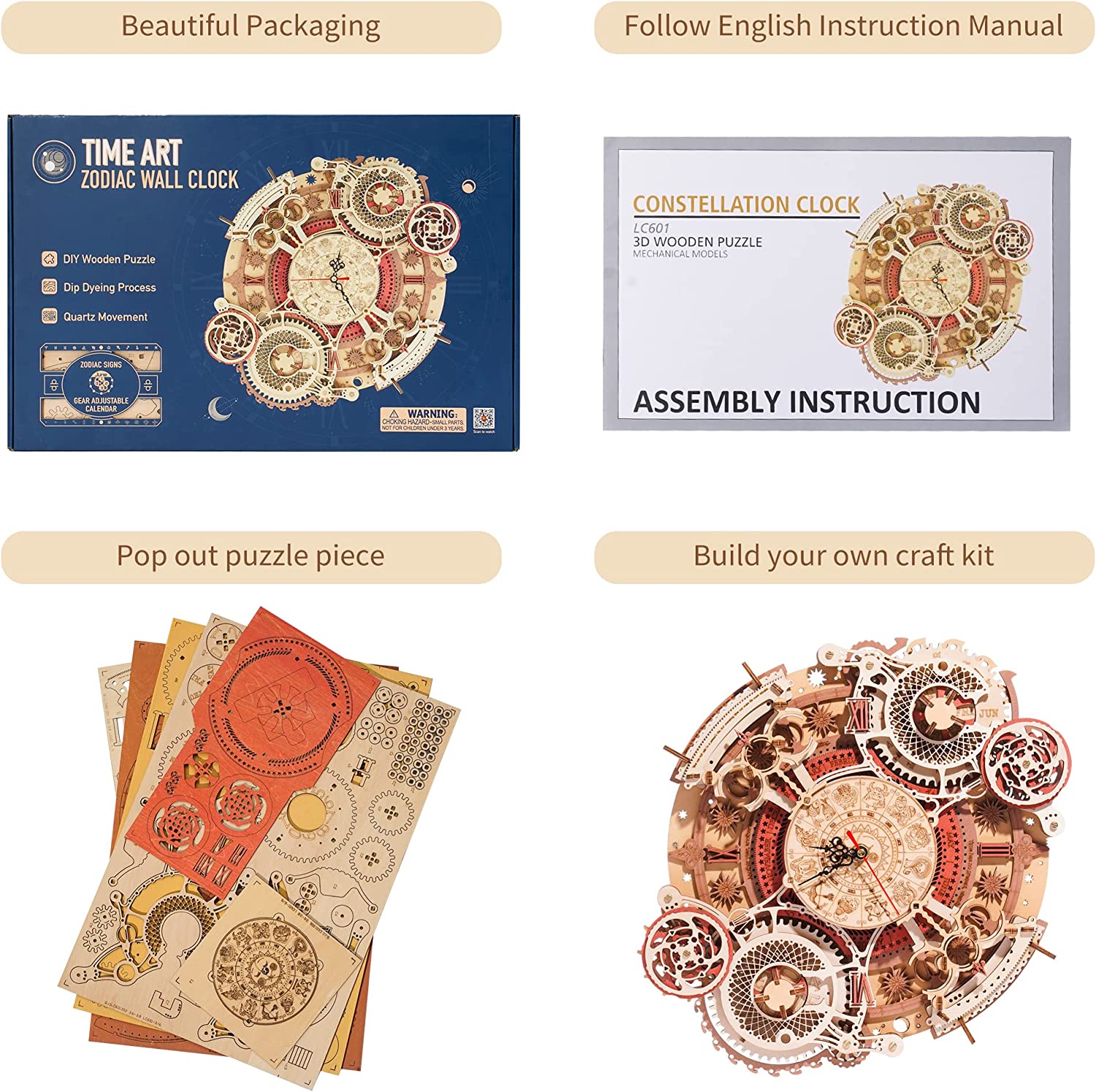 CJ Robotime ROKR Time Art Zodiac Wall Clock 3D Wooden Puzzle Games Model Building Kits Toys For Children Kids