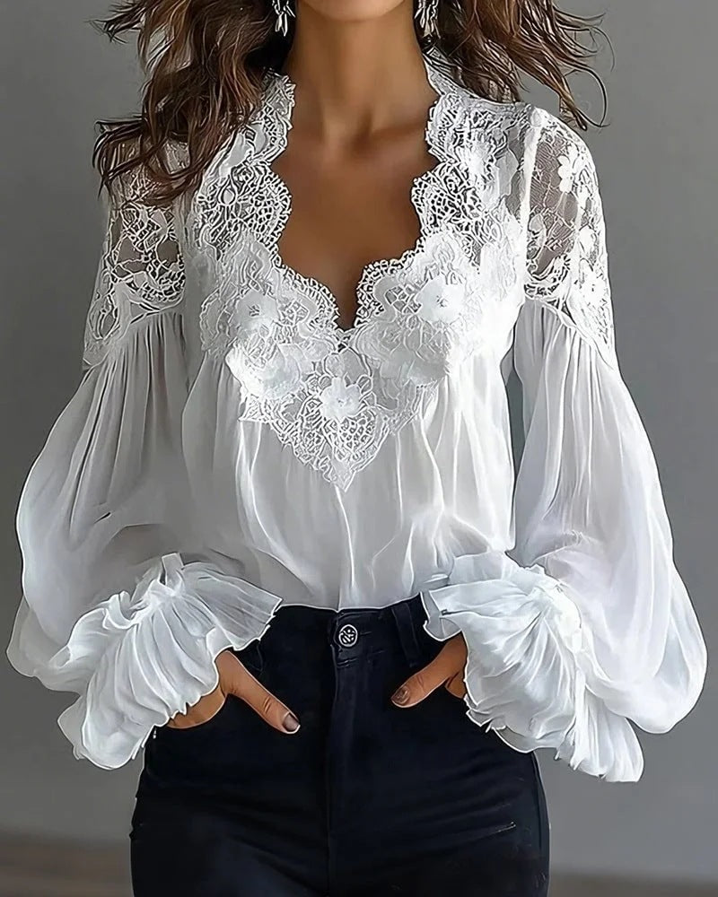 CJ Ins Puff-sleeved Blouse Fashion Elegant Ruffle Pleated Long-sleeved Top Womens Clothing