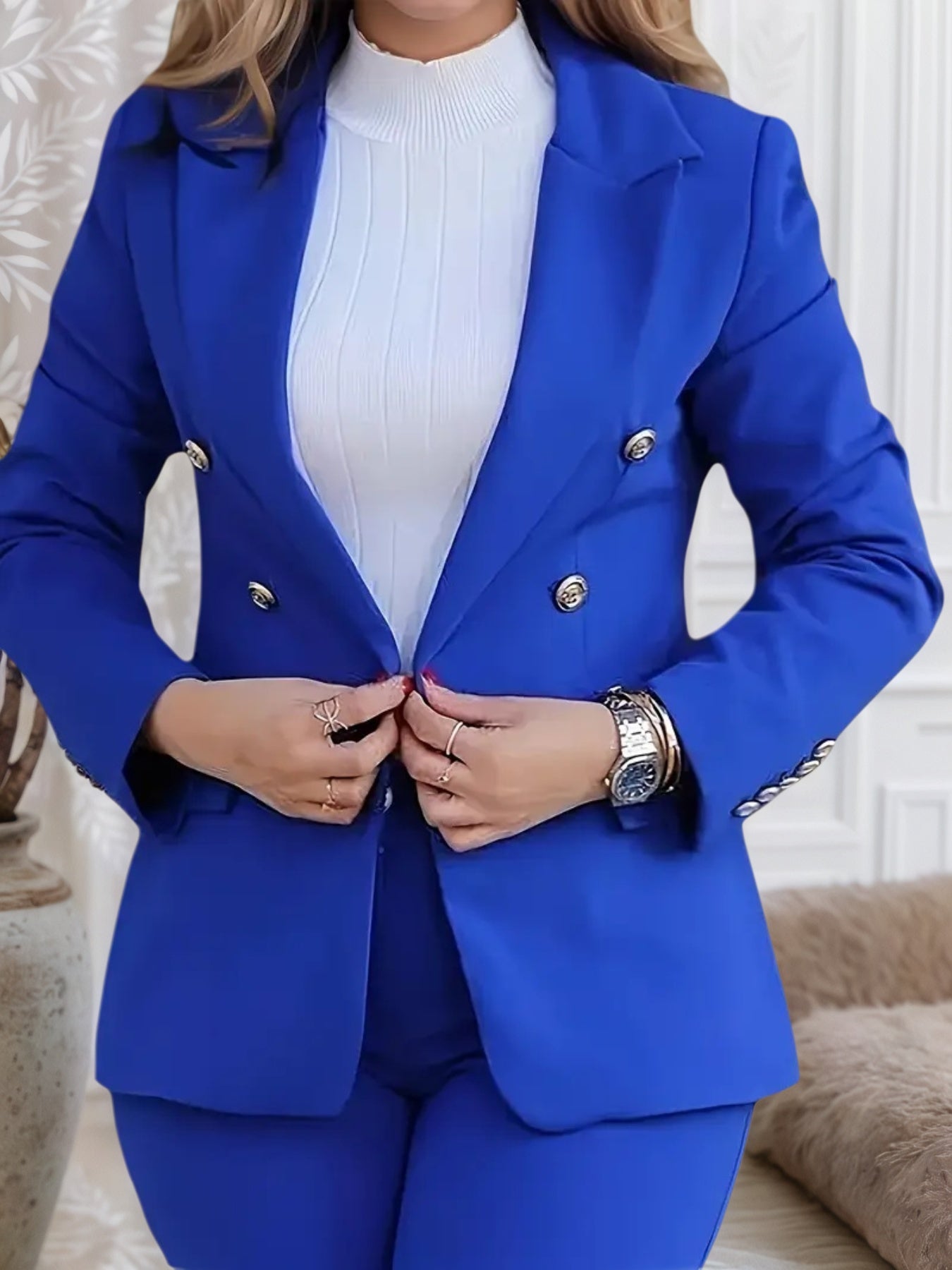 CJ New High-quality Women’s Clothing Solid Color Slim Fit Casual Fashion Waist Double Breasted Two-piece Set, Machine Washed, Spring And Autumn Fashion Casual Set