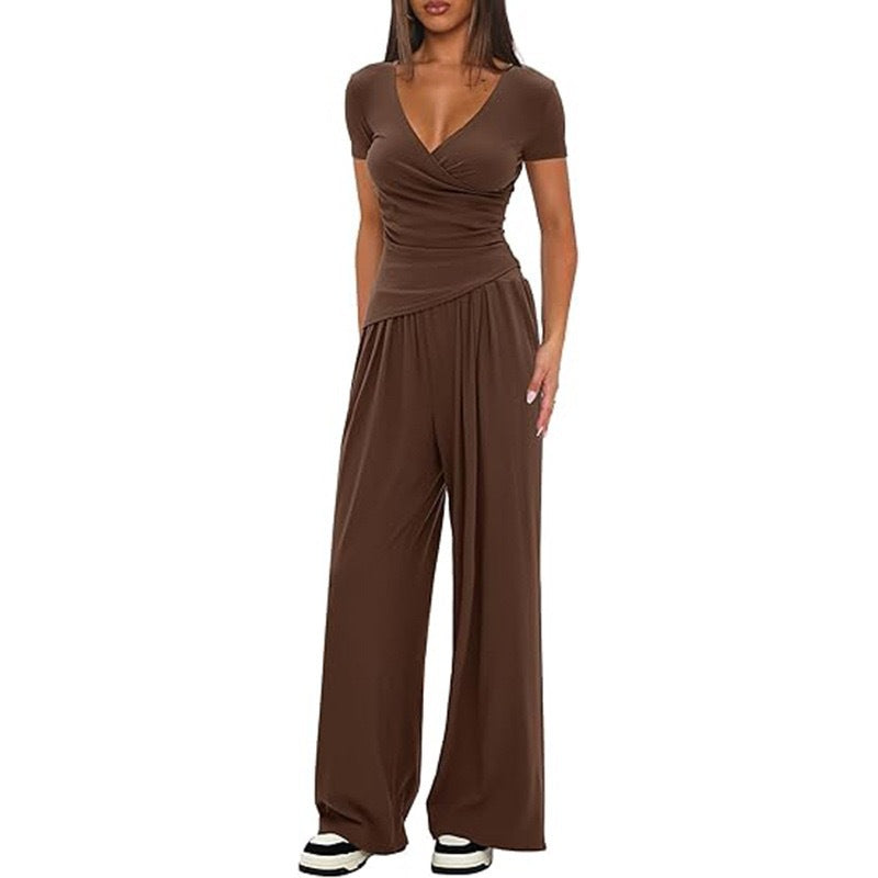CJ 2 Pieces Women's V Neck Short-sleeve Sportswear Top And Wide-leg Pants Set Casual Comfortable Outfit Set For Daily Wear Gym Sports Outfit