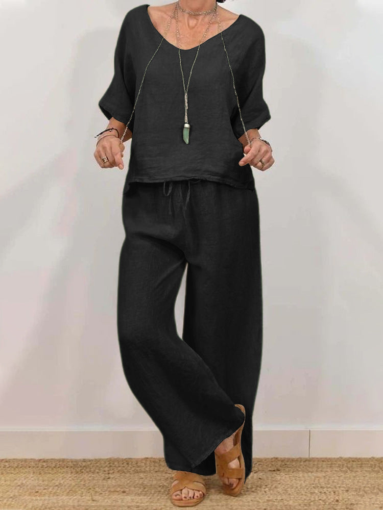 CJ  Womens Multi-Color Two-Piece Set Casual V-Neck Pullover With Three-Quarter Sleeves And Extended Pants
