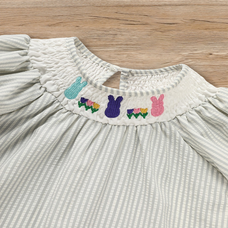 CJ Toddler Girl's Cute Dress, Bunny & Floral Embroidery Checkered A-Line Dress With Lace Trim