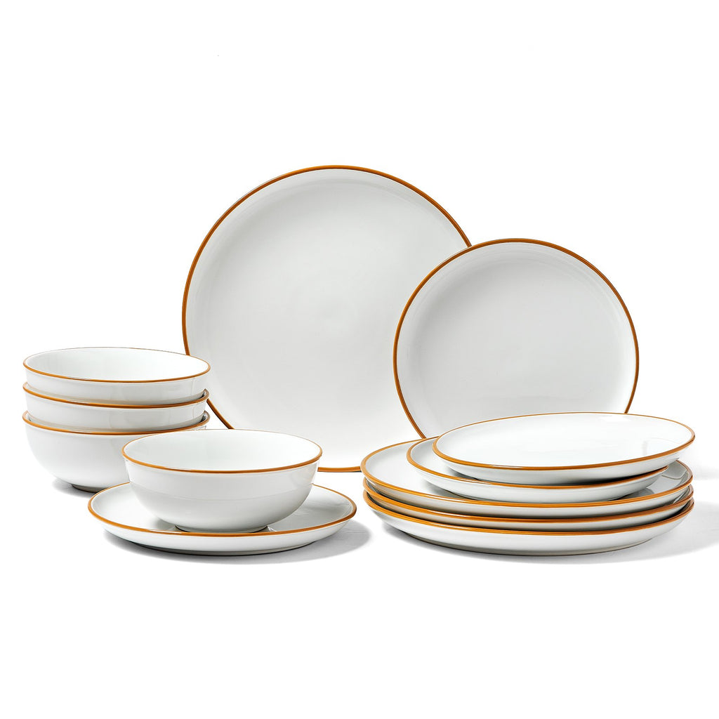 CJ Dinnerware Set, Service For 4 People, Round Plates And Bowls Sets, Scratch Resistant Ceramic Dinner Ware, Dishwasher And Microwave Suitable Kitchen Dishes, For Dessert Salad Soup Pasta, White