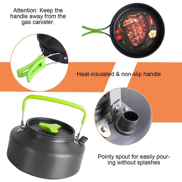 CJ Set Of 16Pcs Camping Cooking Ware Camping Stove Cookware Kit Aluminum Kettle With Bowls Knife Fork Spoon Carabiner Spatula Cutting Board For Hiking Picnic Outdoor
