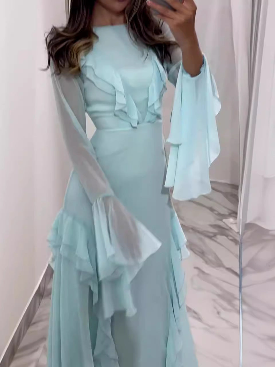 CJ  Round Neck Ruffled Long Sleeve Maxi Dress