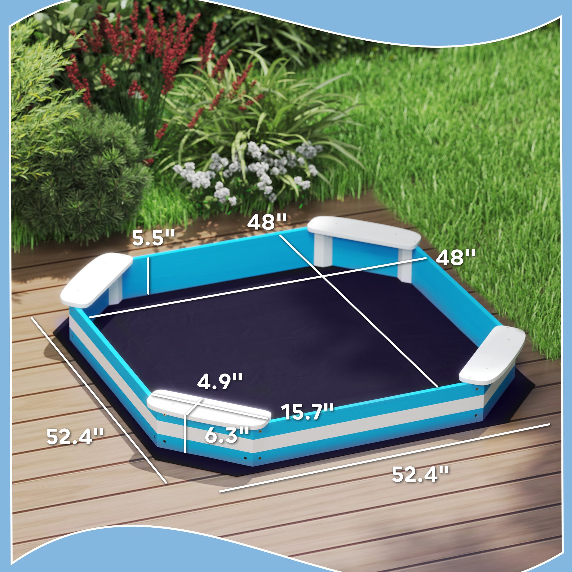 Kids Sandbox with 4 Corner Seats, Bottom Liner for Backyard, Garden, Outdoor, 52" x 52" x 6", Blue